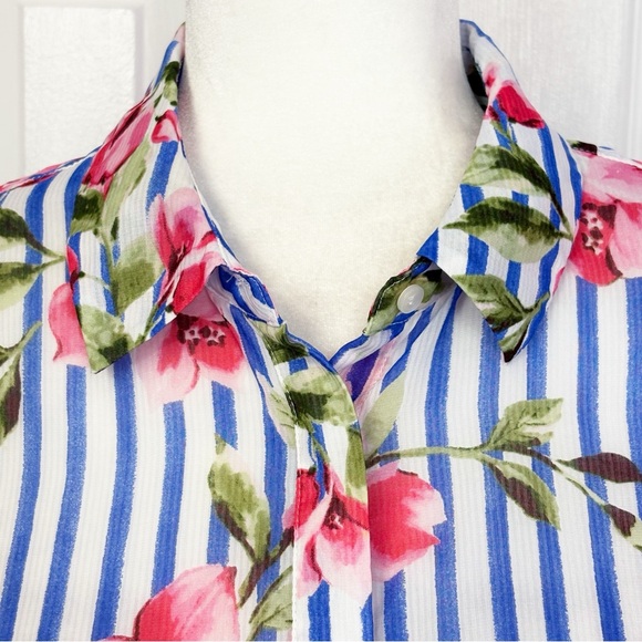 Talbots Sheer Floral Blue Stripe Print Long Sleeve Button Down Shirt XL - Picture 3 of 16